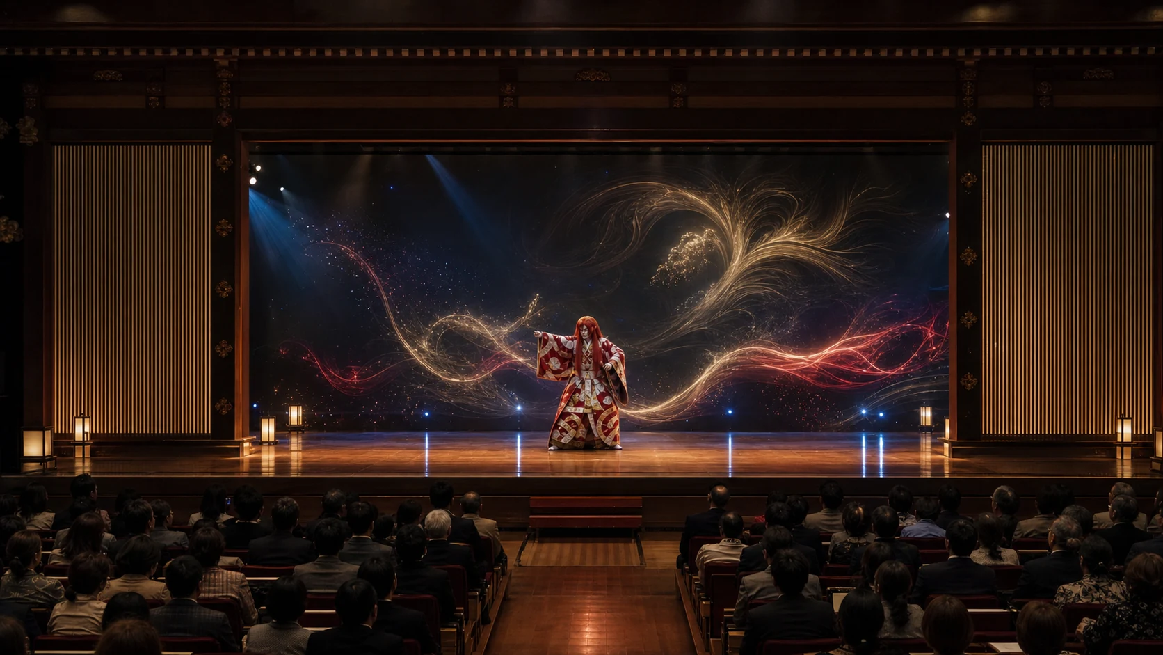 歌舞伎と現代デジタルアートを組み合わせた大型3Dホログラム演出イメージ