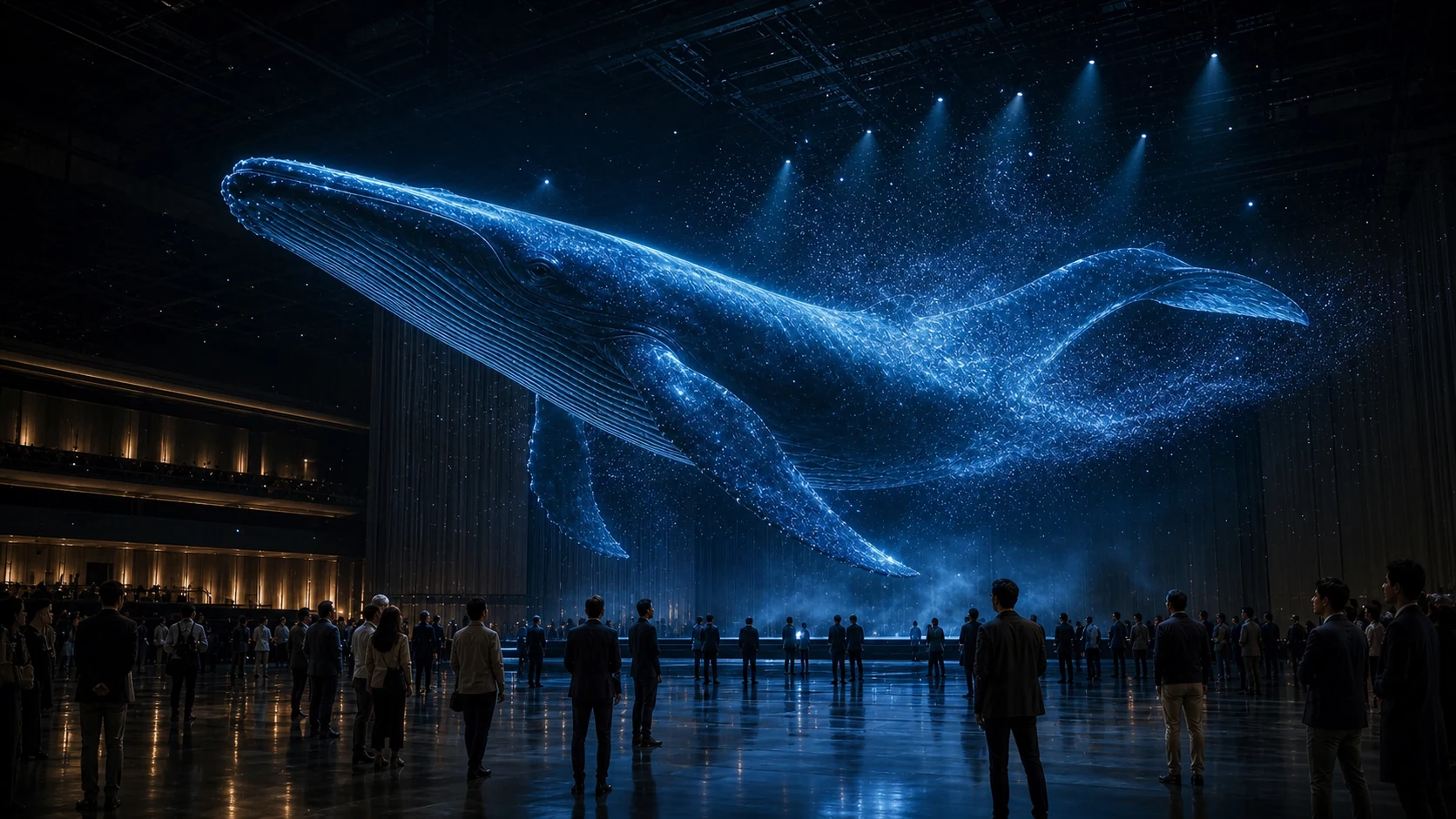大型会場でクジラが泳ぐ3Dホログラム演出イメージ