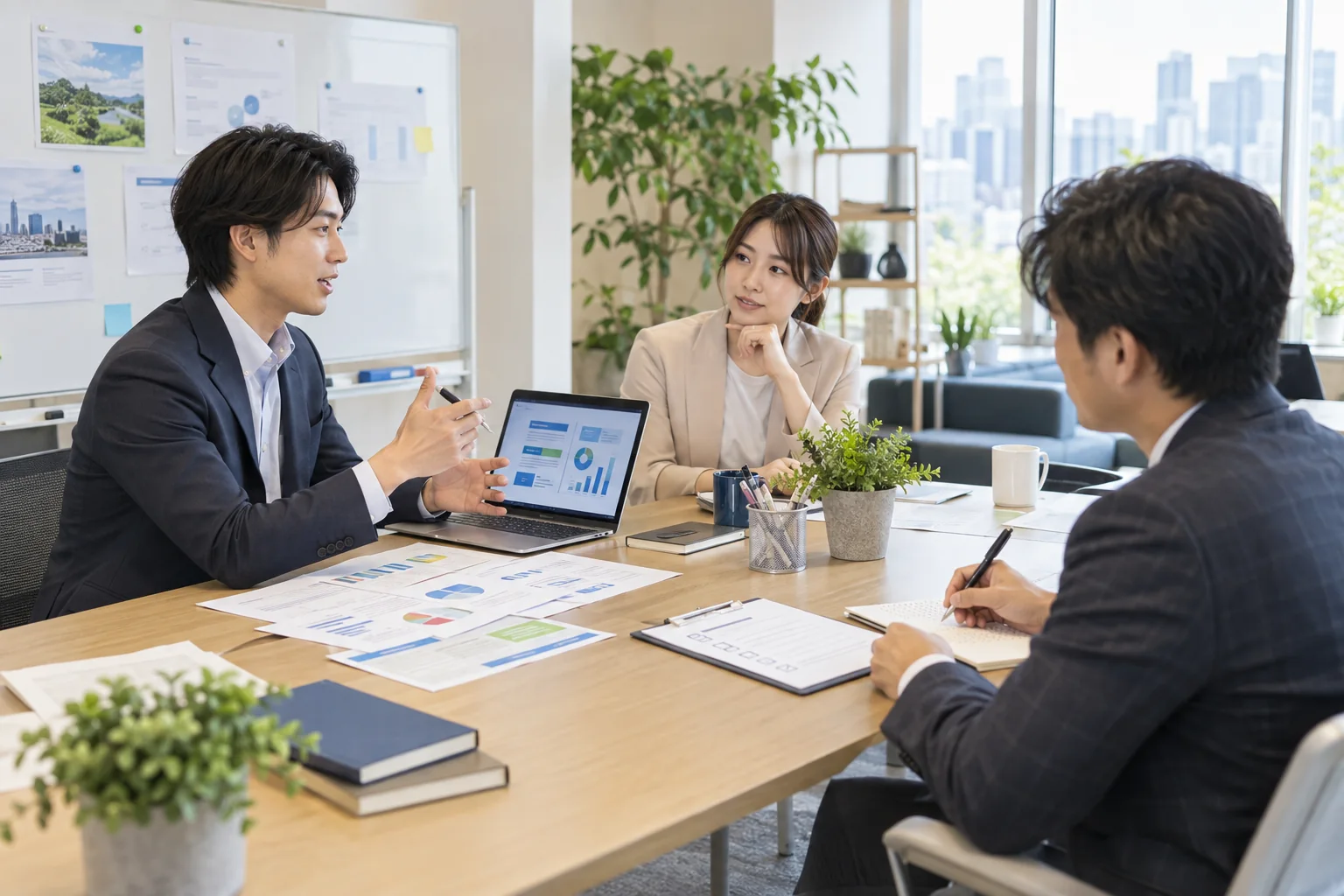 顧客への質問と提案をロールプレイで練習し、改善点を共有する様子