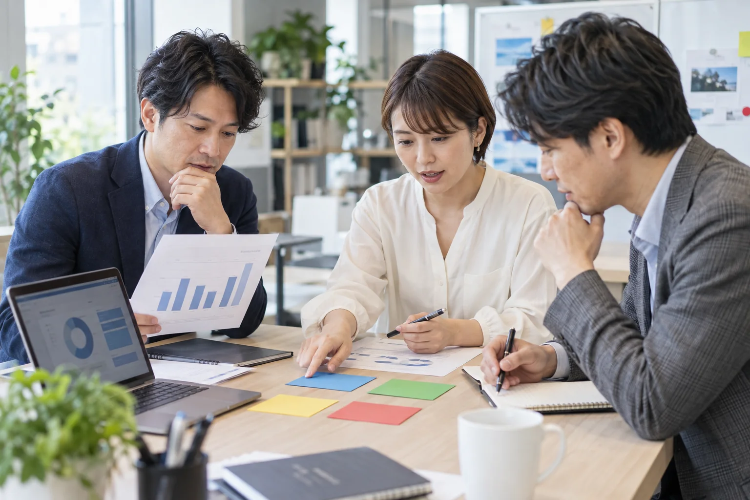 数字と報告を見比べ、優先する仕事を話し合う様子