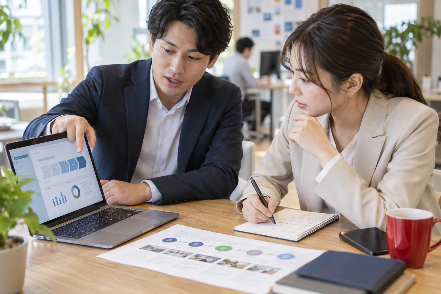 顧客への提案内容と質問案を、商談前に一緒に確認する様子