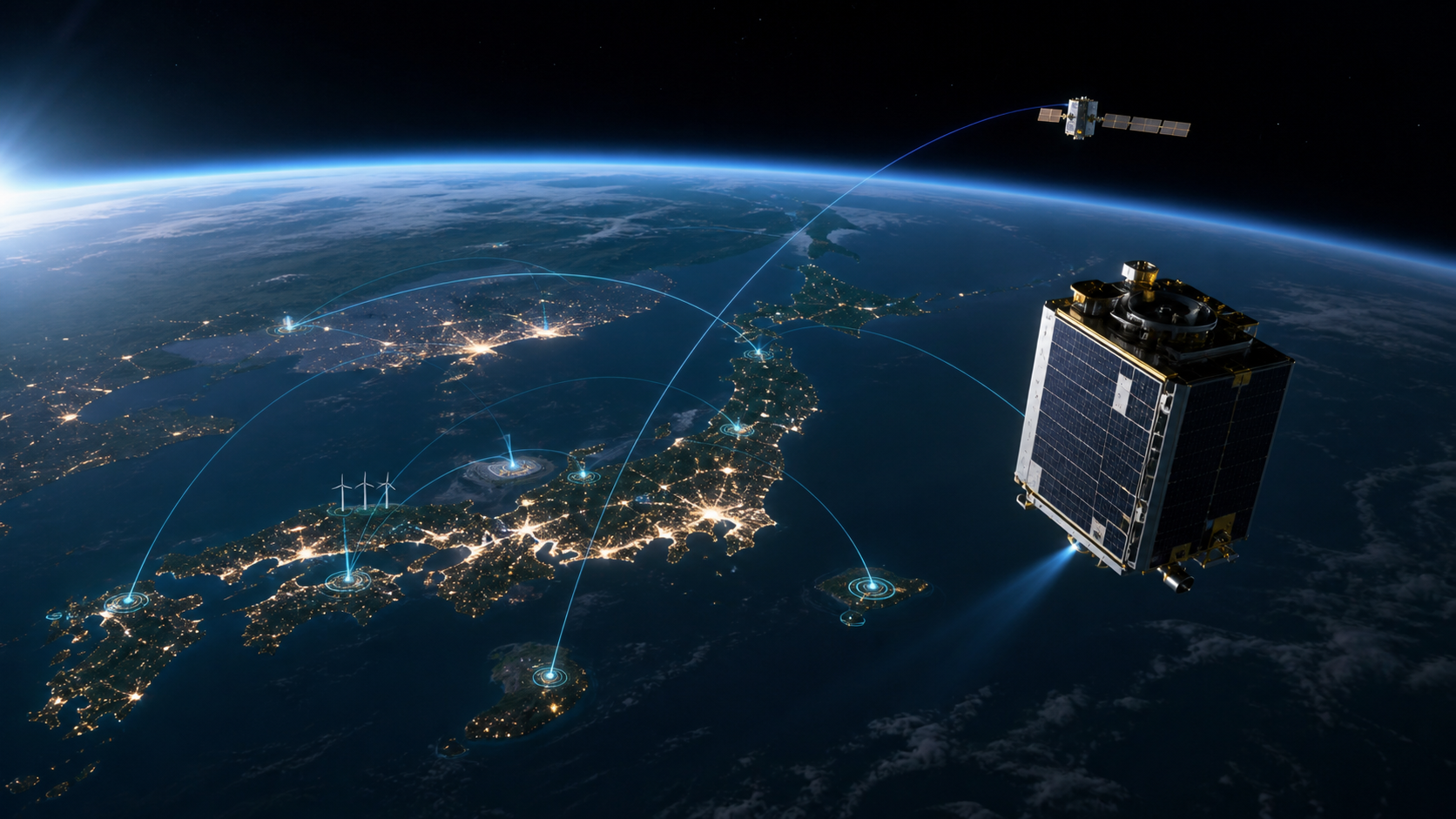地球観測衛星と日本列島を結ぶ宇宙関連技術の社会実装コンセプト画像