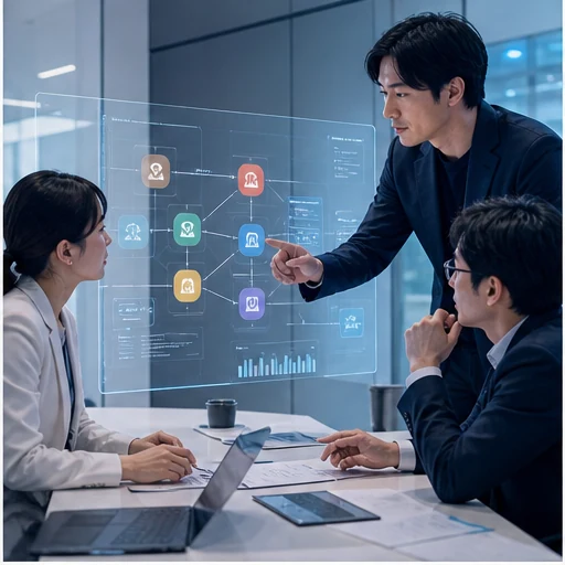 業務フローと情報、利用者を整理する場面
