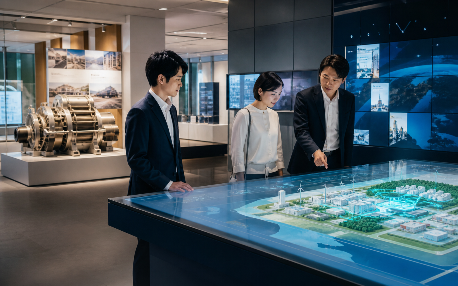 企業ショールームで来場者が没入映像を体験する実写イメージ