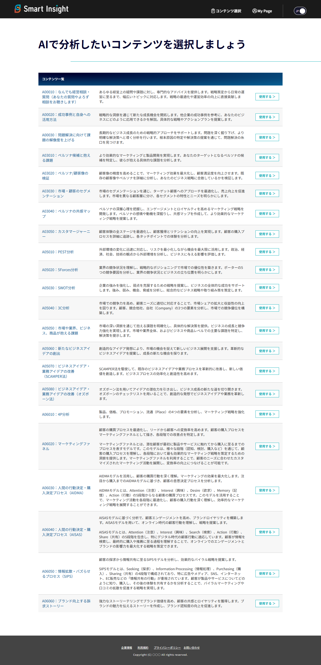 Smart Insightで経営相談や分析メニューを選択する画面